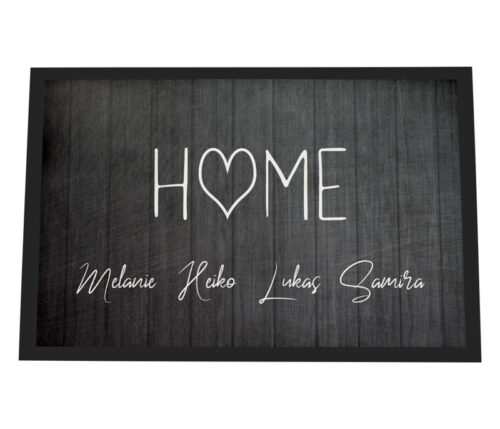 personalisierte Fußmatte HOME mit Wunschnamen im dunklen Holzdesign.